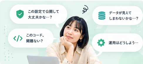 ノートPCの前で考えこむ人と、「この設定で公開して大丈夫かな…？」「このコード、問題ない？」「データが見えてしまわないかな…？」「運用はどうしよう…」という吹き出し