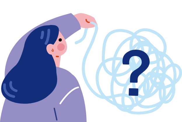 こんがらがった線と「？」に頭を抱える人のイラスト