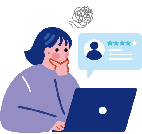 ノートPCに向かい評価の吹き出しを見る人のイラスト