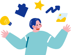 ひらめきの記号に囲まれた人のイラスト